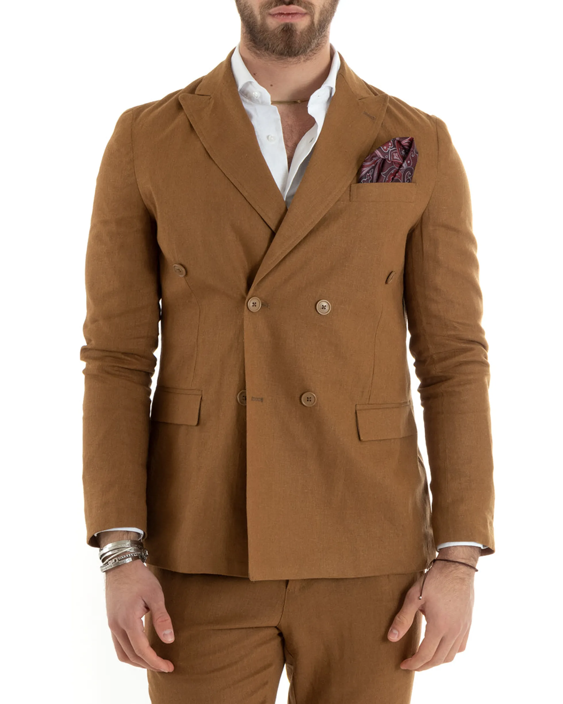 Abito uomo doppiopetto vestito sartoriale lino camel GIOSAL-OU2334A