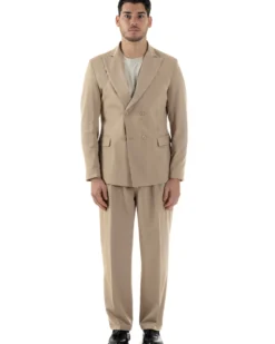 Abito Uomo Doppiopetto Viscosa Relaxed Fit Completo Giacca Rever A Lancia Pantaloni Pinces Fondo Largo Baggy Casual Beige GIOSAL-AE1121A