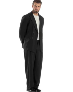 Abito Uomo Doppiopetto Viscosa Relaxed Fit Completo Giacca Rever A Lancia Pantaloni Pinces Fondo Largo Baggy Casual Nero GIOSAL-AE1120A