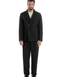Abito Uomo Doppiopetto Viscosa Relaxed Fit Completo Giacca Rever A Lancia Pantaloni Pinces Fondo Largo Baggy Casual Nero GIOSAL-AE1120A