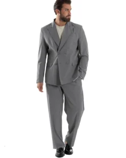 Abito Uomo Doppiopetto Viscosa Relaxed Fit Completo Giacca Rever A Lancia Pantaloni Pinces Fondo Largo Baggy Casual Grigio GIOSAL-AE1119A