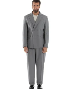Abito Uomo Doppiopetto Viscosa Relaxed Fit Completo Giacca Rever A Lancia Pantaloni Pinces Fondo Largo Baggy Casual Grigio GIOSAL-AE1119A