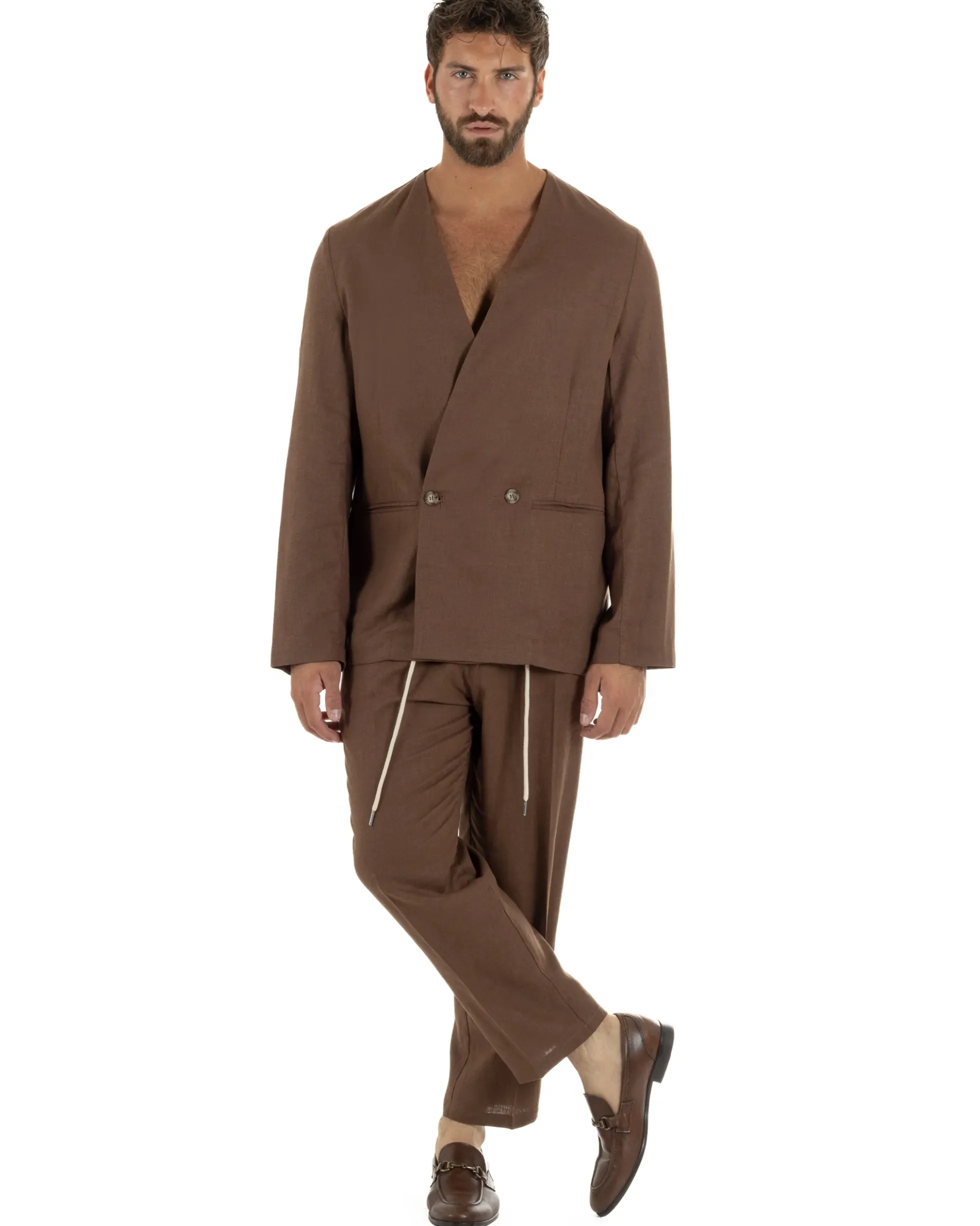 Abito uomo lino vestito giacca doppiopetto 2 bottoni scollo v pantaloni laccio marrone GIOSAL-OU2558A