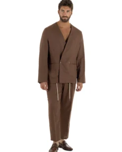 Abito uomo lino vestito giacca doppiopetto 2 bottoni scollo v pantaloni laccio marrone GIOSAL-OU2558A