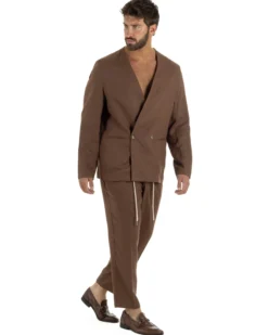 Abito uomo lino vestito giacca doppiopetto 2 bottoni scollo v pantaloni laccio marrone GIOSAL-OU2558A