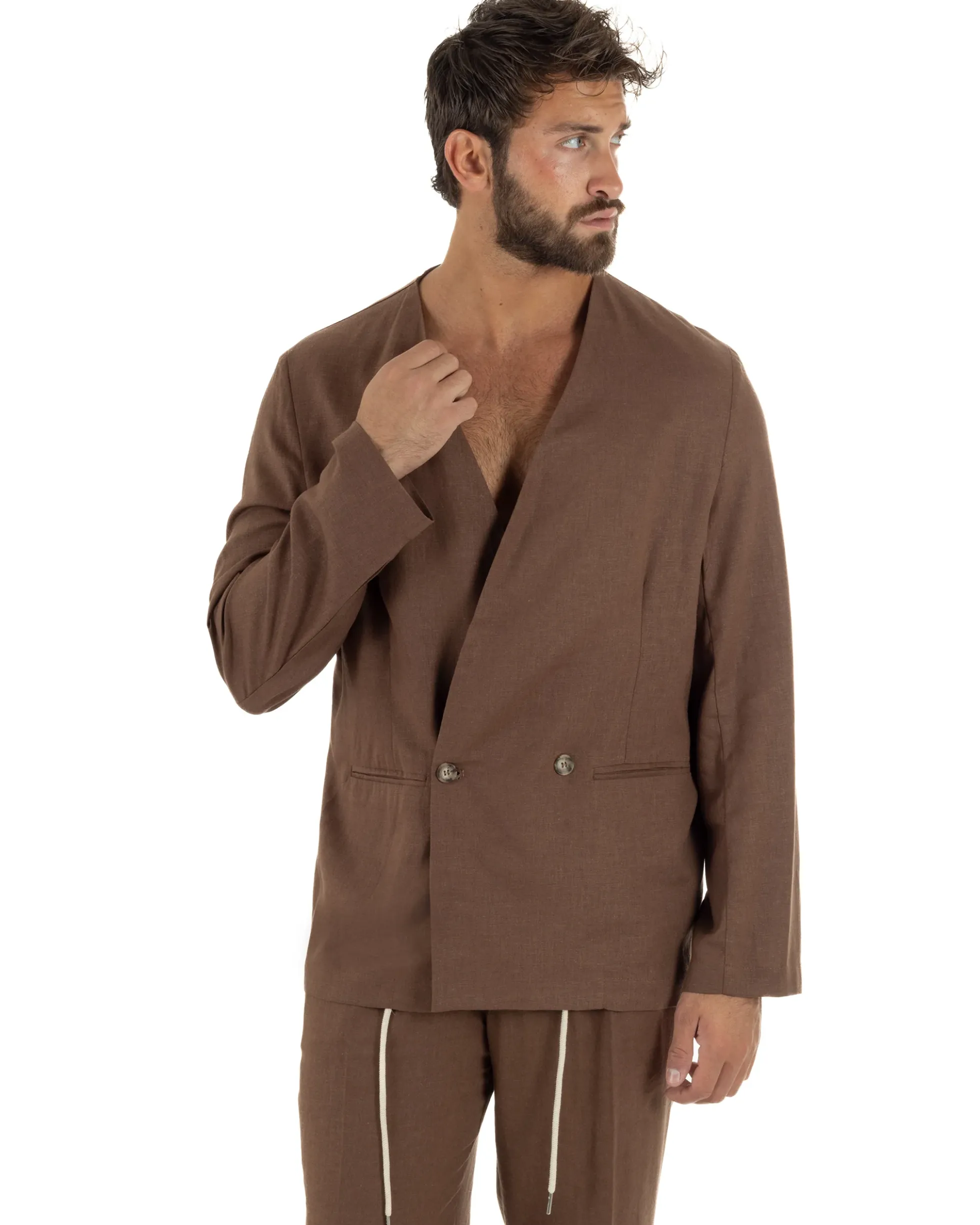 Abito uomo lino vestito giacca doppiopetto 2 bottoni scollo v pantaloni laccio marrone GIOSAL-OU2558A