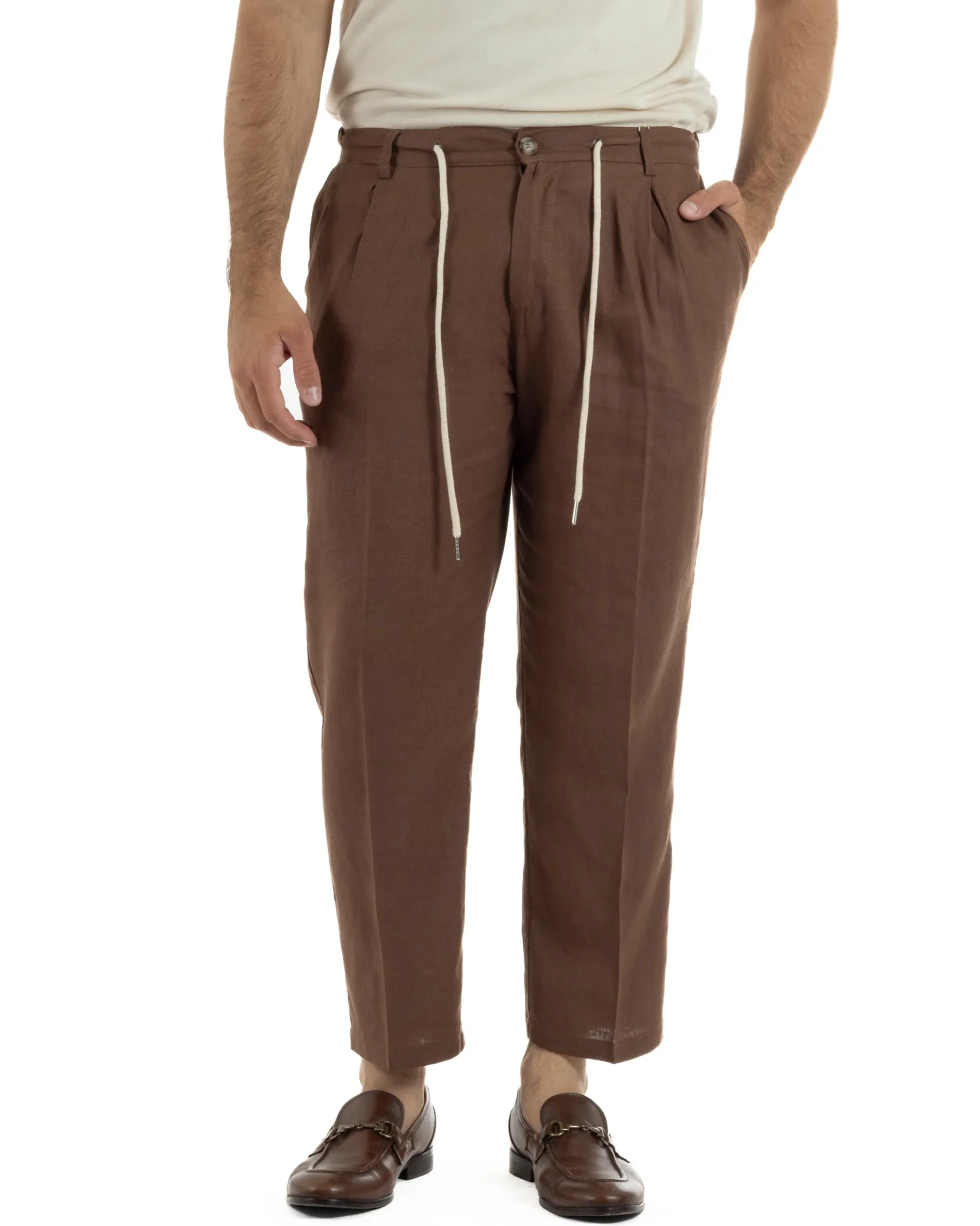 Abito uomo lino vestito giacca doppiopetto 2 bottoni scollo v pantaloni laccio marrone GIOSAL-OU2558A