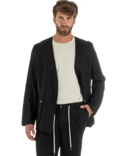 Abito uomo lino vestito giacca doppiopetto 2 bottoni scollo v pantaloni laccio nero GIOSAL-OU2521A