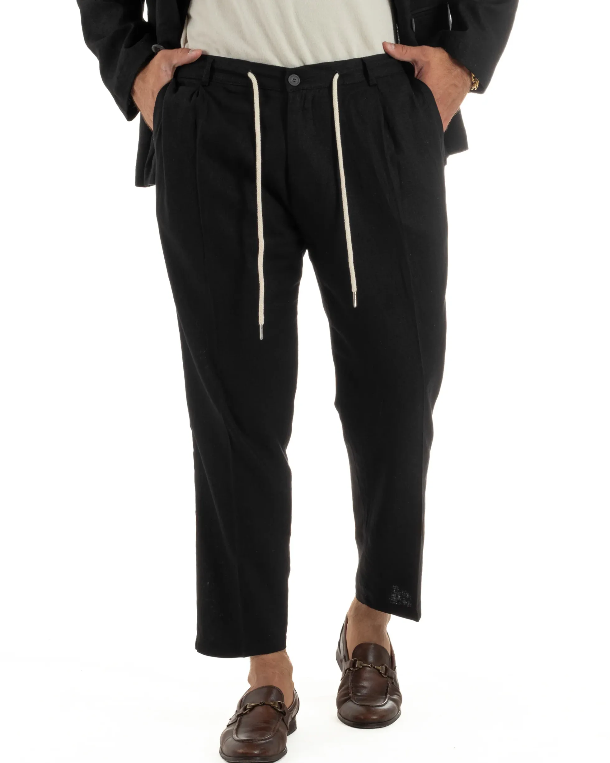 Abito uomo lino vestito giacca doppiopetto 2 bottoni scollo v pantaloni laccio nero GIOSAL-OU2521A