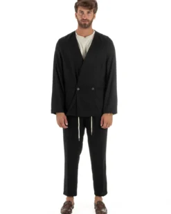 Abito uomo lino vestito giacca doppiopetto 2 bottoni scollo v pantaloni laccio nero GIOSAL-OU2521A