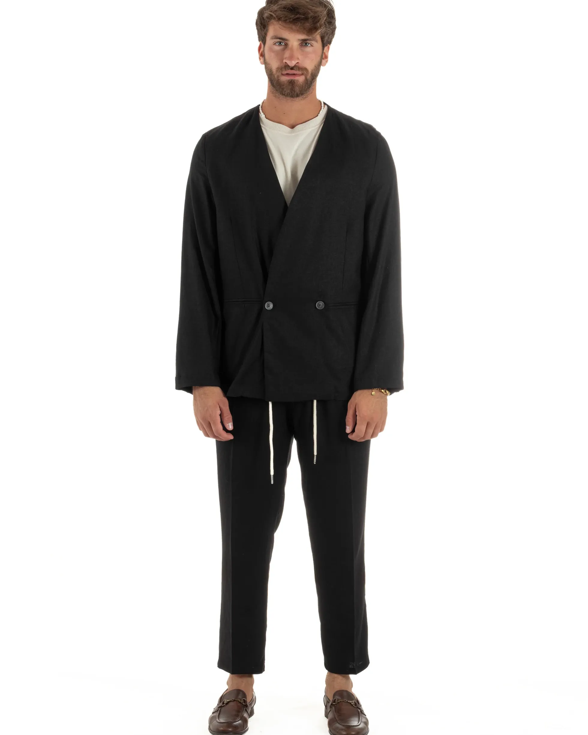 Abito uomo lino vestito giacca doppiopetto 2 bottoni scollo v pantaloni laccio nero GIOSAL-OU2521A