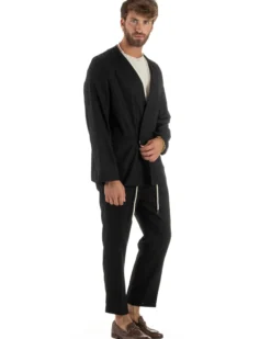 Abito uomo lino vestito giacca doppiopetto 2 bottoni scollo v pantaloni laccio nero GIOSAL-OU2521A