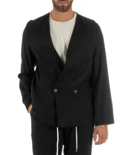 Abito uomo lino vestito giacca doppiopetto 2 bottoni scollo v pantaloni laccio nero GIOSAL-OU2521A