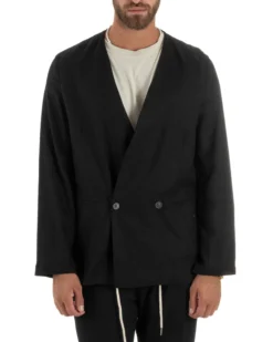 Abito uomo lino vestito giacca doppiopetto 2 bottoni scollo v pantaloni laccio nero GIOSAL-OU2521A