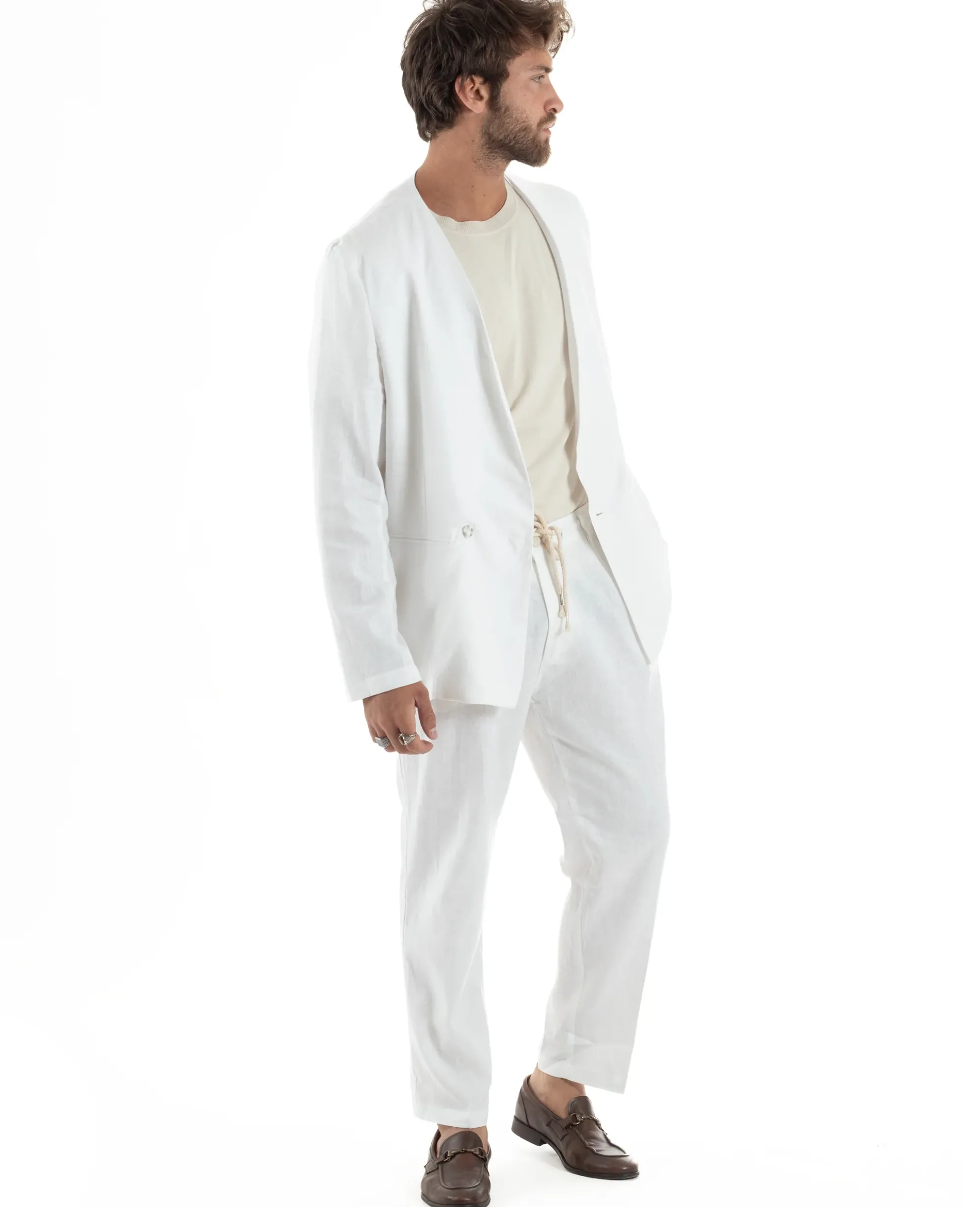 Abito uomo lino vestito giacca doppiopetto 2 bottoni scollo v pantaloni laccio bianco GIOSAL-OU2519A