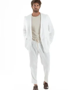 Abito uomo lino vestito giacca doppiopetto 2 bottoni scollo v pantaloni laccio bianco GIOSAL-OU2519A