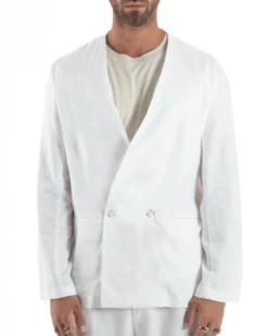 Abito uomo lino vestito giacca doppiopetto 2 bottoni scollo v pantaloni laccio bianco GIOSAL-OU2519A