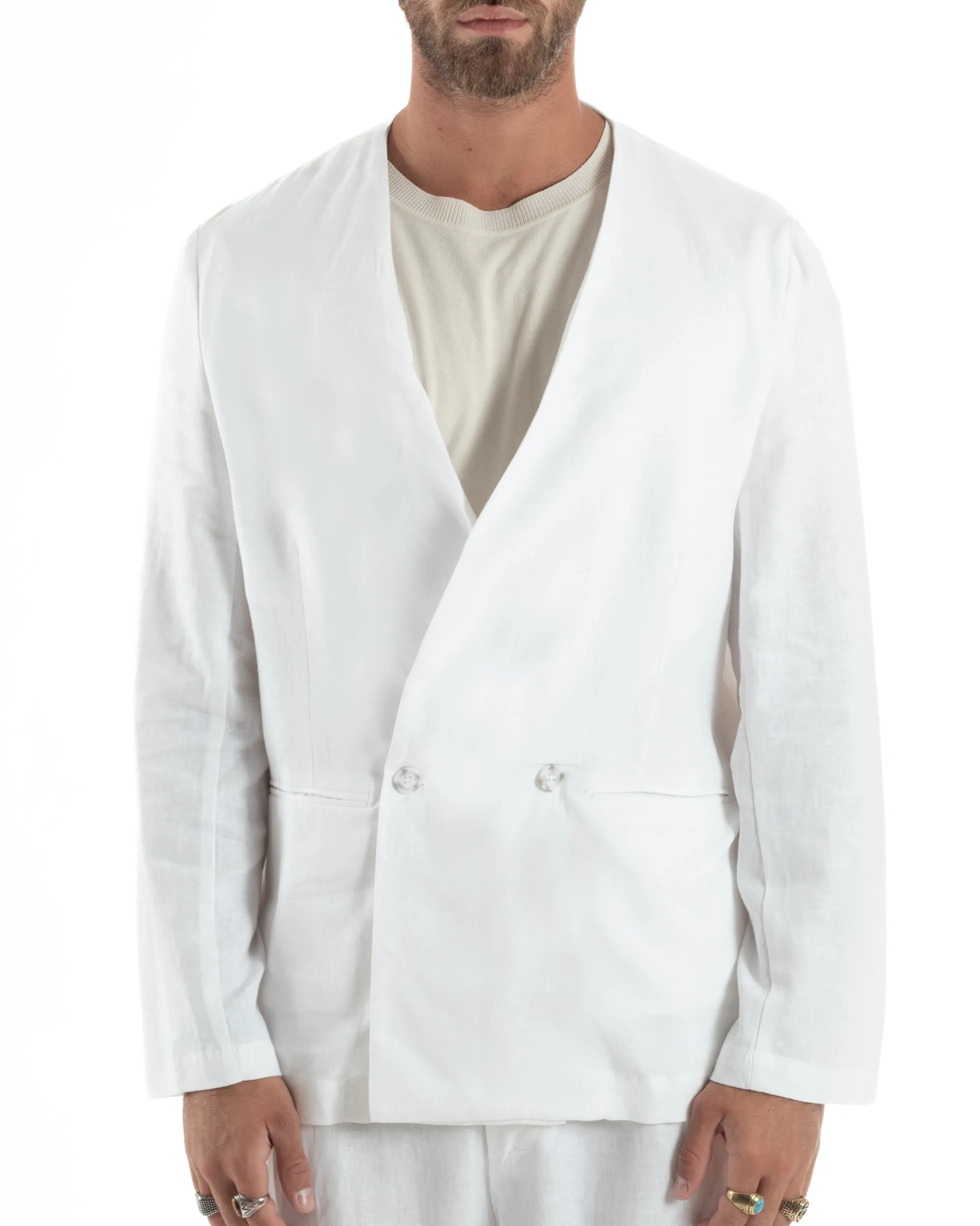 Abito uomo lino vestito giacca doppiopetto 2 bottoni scollo v pantaloni laccio bianco GIOSAL-OU2519A