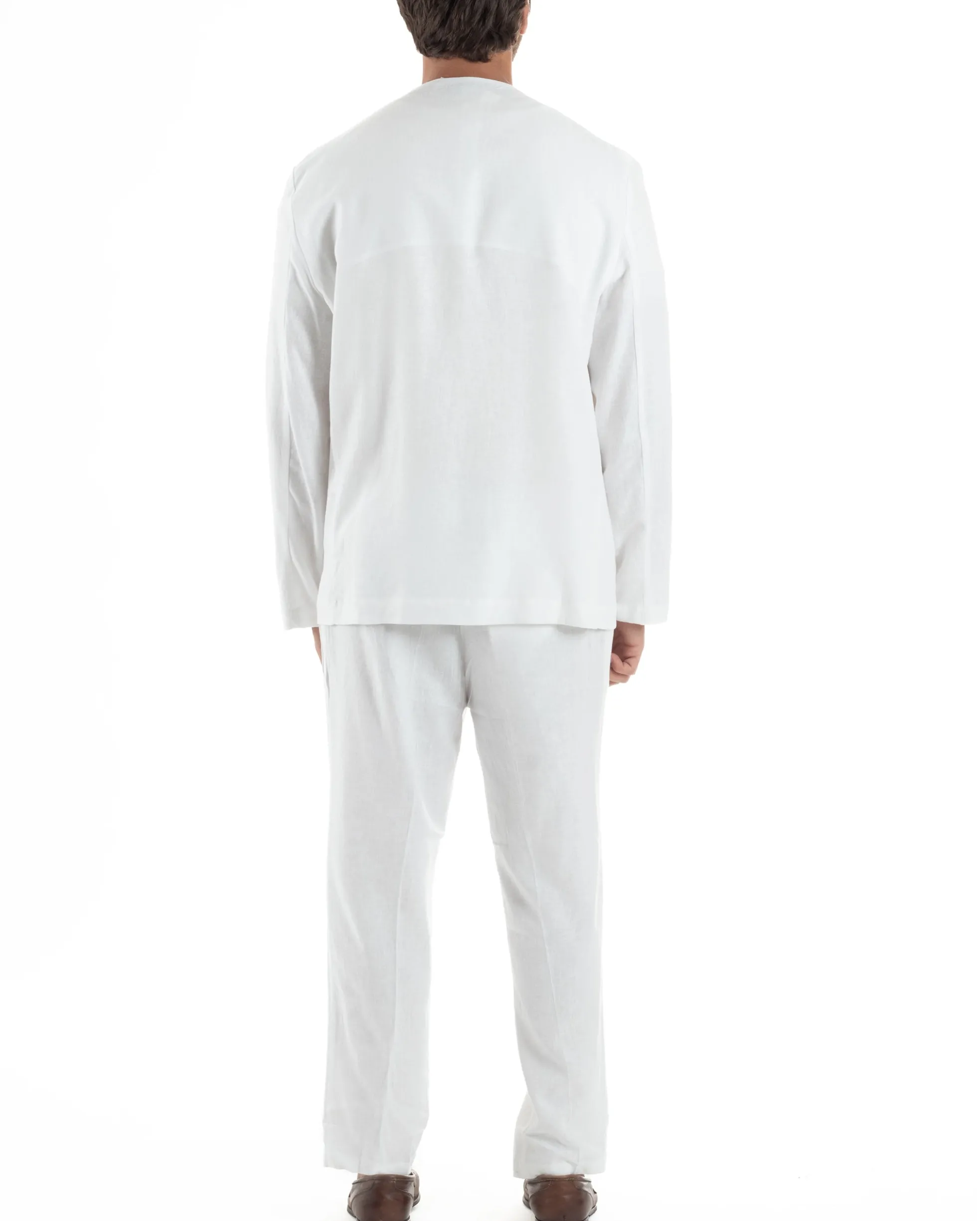 Abito uomo lino vestito giacca doppiopetto 2 bottoni scollo v pantaloni laccio bianco GIOSAL-OU2519A