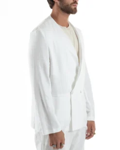 Abito uomo lino vestito giacca doppiopetto 2 bottoni scollo v pantaloni laccio bianco GIOSAL-OU2519A