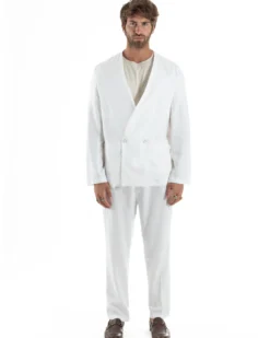 Abito uomo lino vestito giacca doppiopetto 2 bottoni scollo v pantaloni laccio bianco GIOSAL-OU2519A