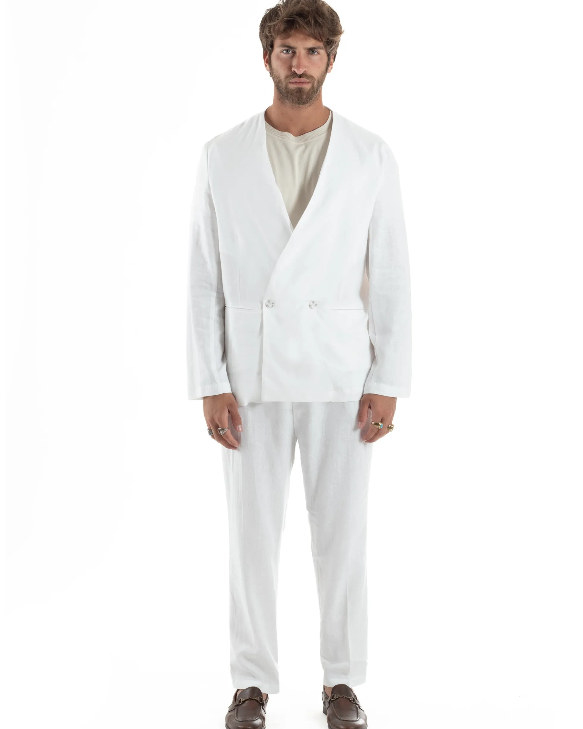Abito uomo lino vestito giacca doppiopetto 2 bottoni scollo v pantaloni laccio bianco GIOSAL-OU2519A