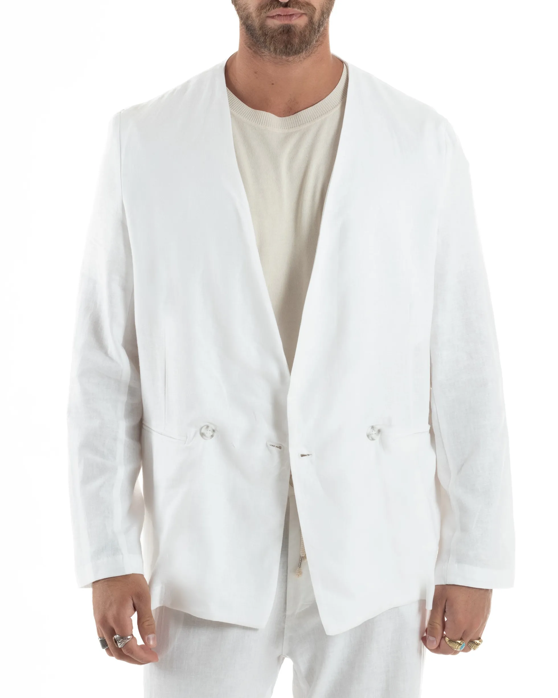 Abito uomo lino vestito giacca doppiopetto 2 bottoni scollo v pantaloni laccio bianco GIOSAL-OU2519A