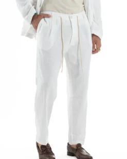 Abito uomo lino vestito giacca doppiopetto 2 bottoni scollo v pantaloni laccio bianco GIOSAL-OU2519A