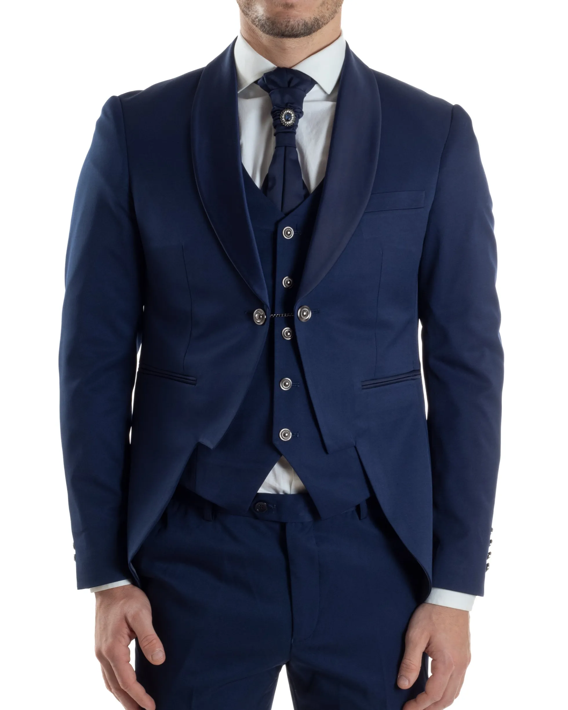 Abito Uomo Monopetto Cerimonia Rever Raso Lucido Vestito 3 Pezzi Panciotto Completo Sposo Panciotto Plastron Blu AE1144A