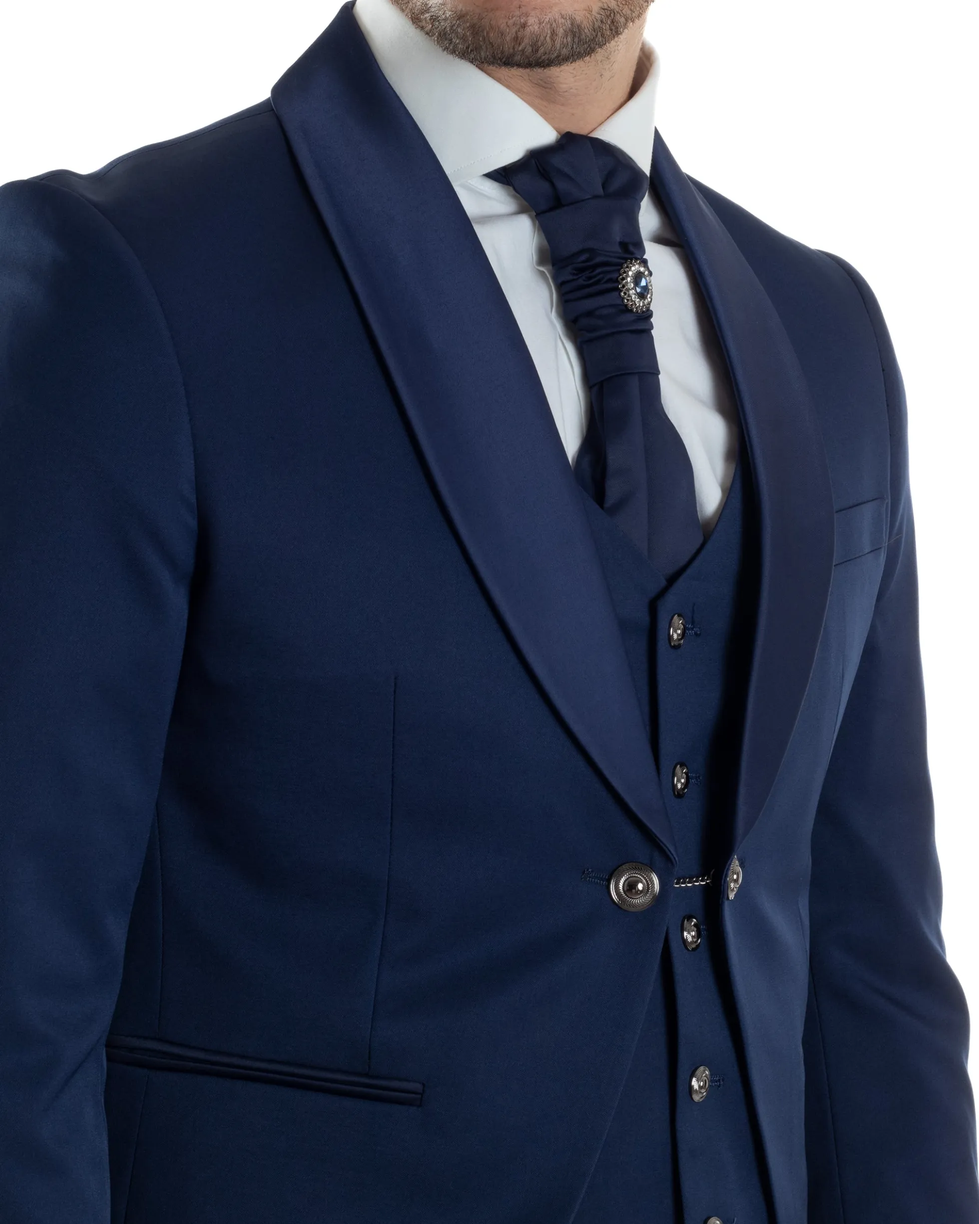 Abito Uomo Monopetto Cerimonia Rever Raso Lucido Vestito 3 Pezzi Panciotto Completo Sposo Panciotto Plastron Blu AE1144A