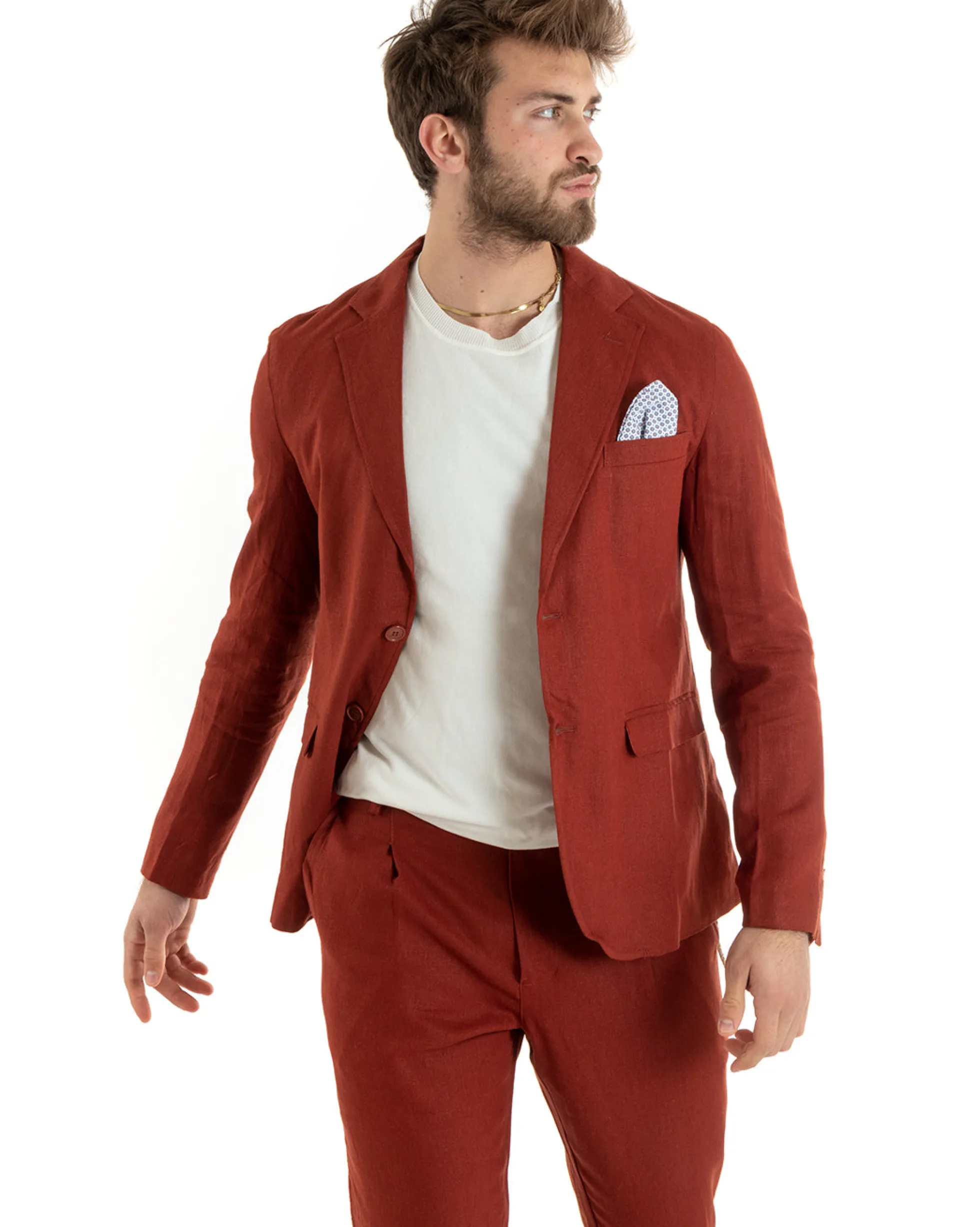 Abito Uomo Monopetto Completo Lino Sartoriale Giacca Pantaloni Mattone GIOSAL-OU2328A