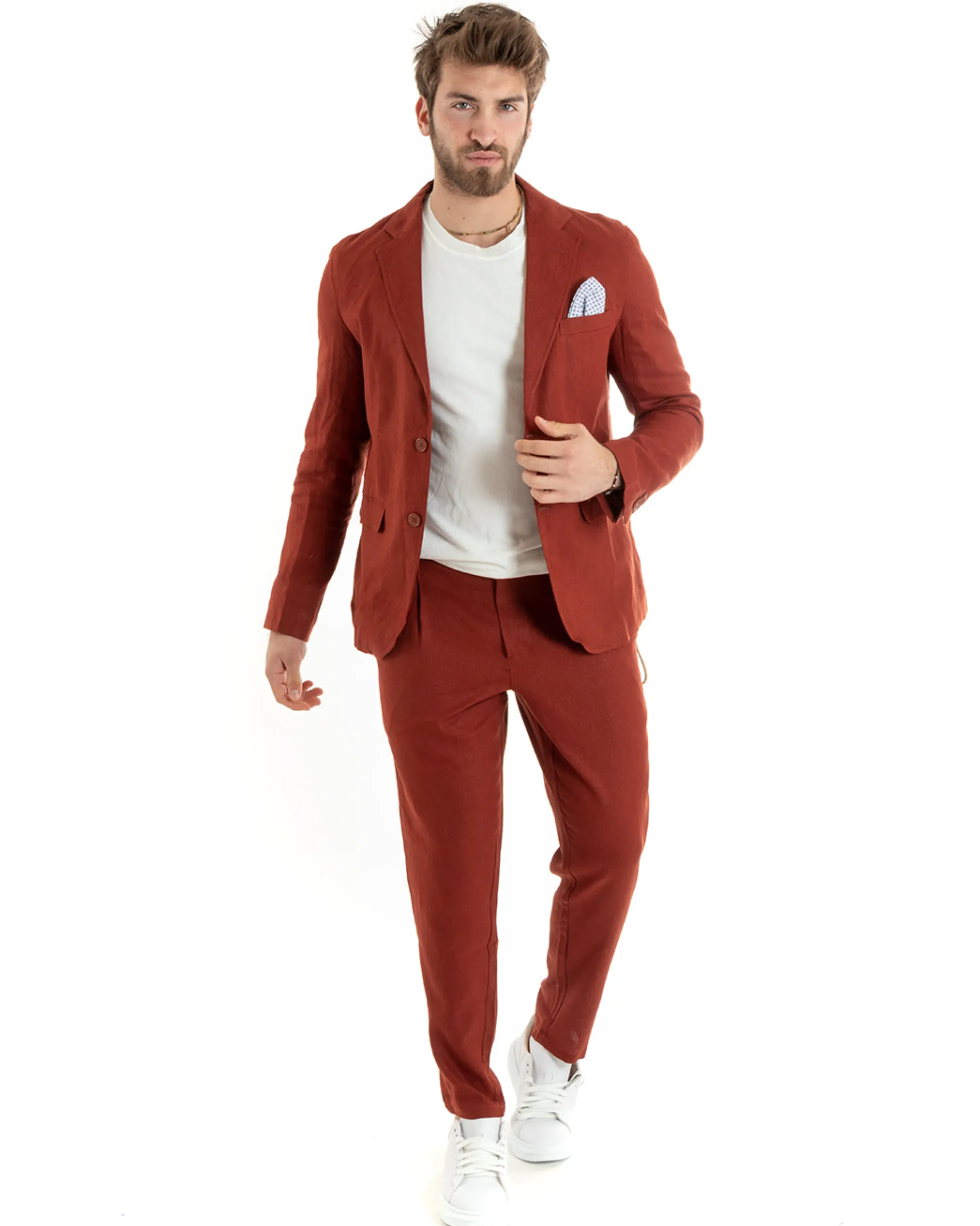Abito Uomo Monopetto Completo Lino Sartoriale Giacca Pantaloni Mattone GIOSAL-OU2328A