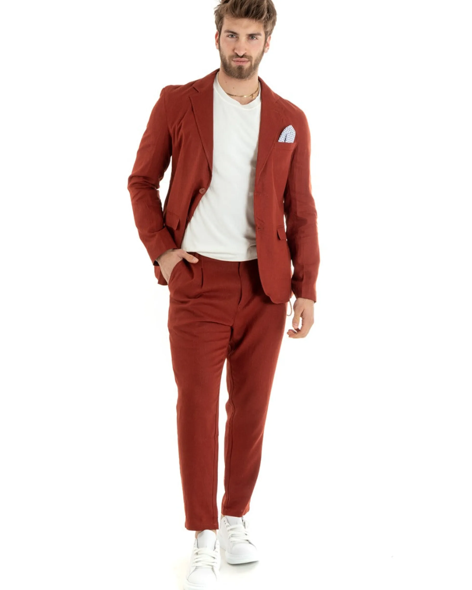 Abito Uomo Monopetto Completo Lino Sartoriale Giacca Pantaloni Mattone GIOSAL-OU2328A