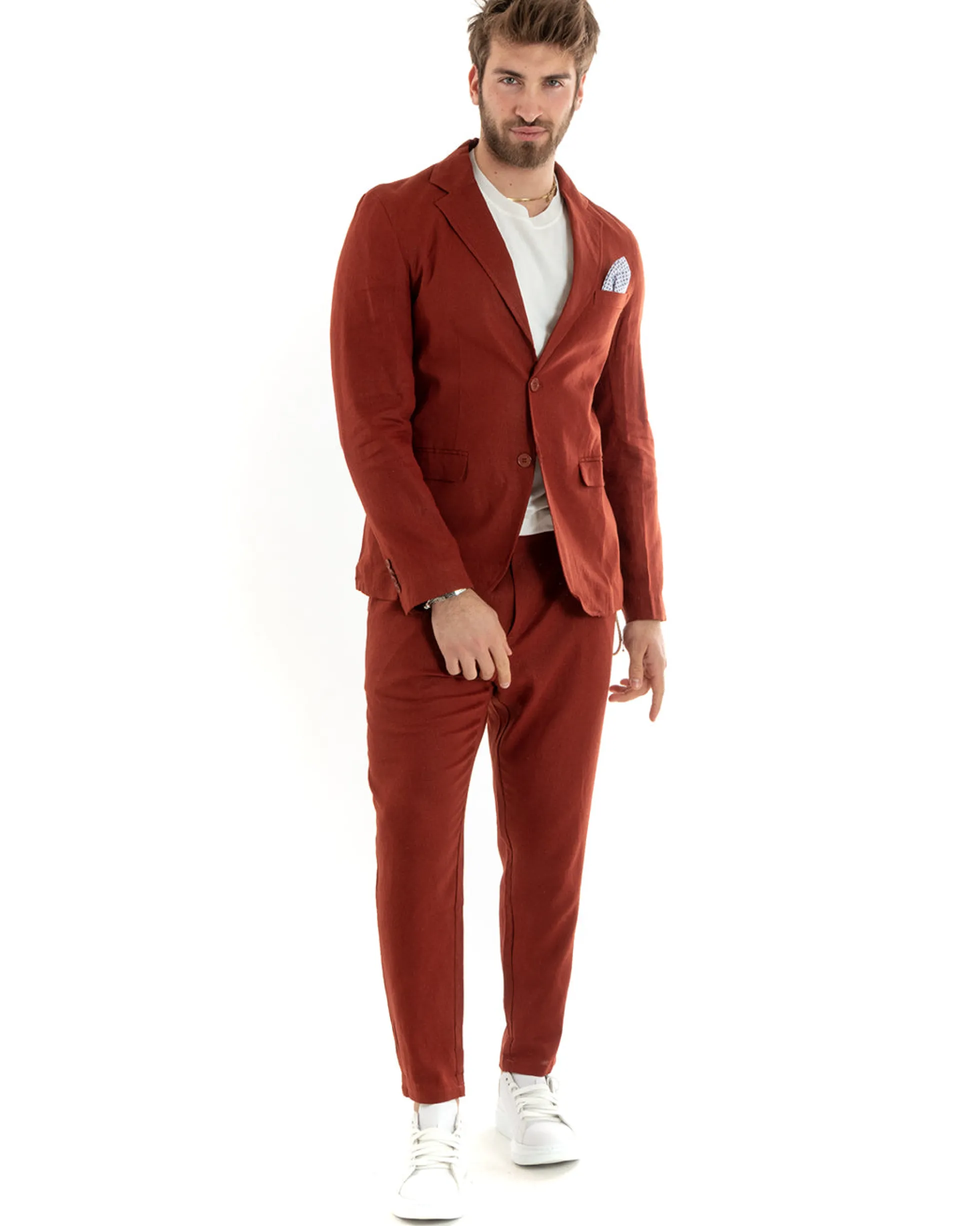 Abito Uomo Monopetto Completo Lino Sartoriale Giacca Pantaloni Mattone GIOSAL-OU2328A