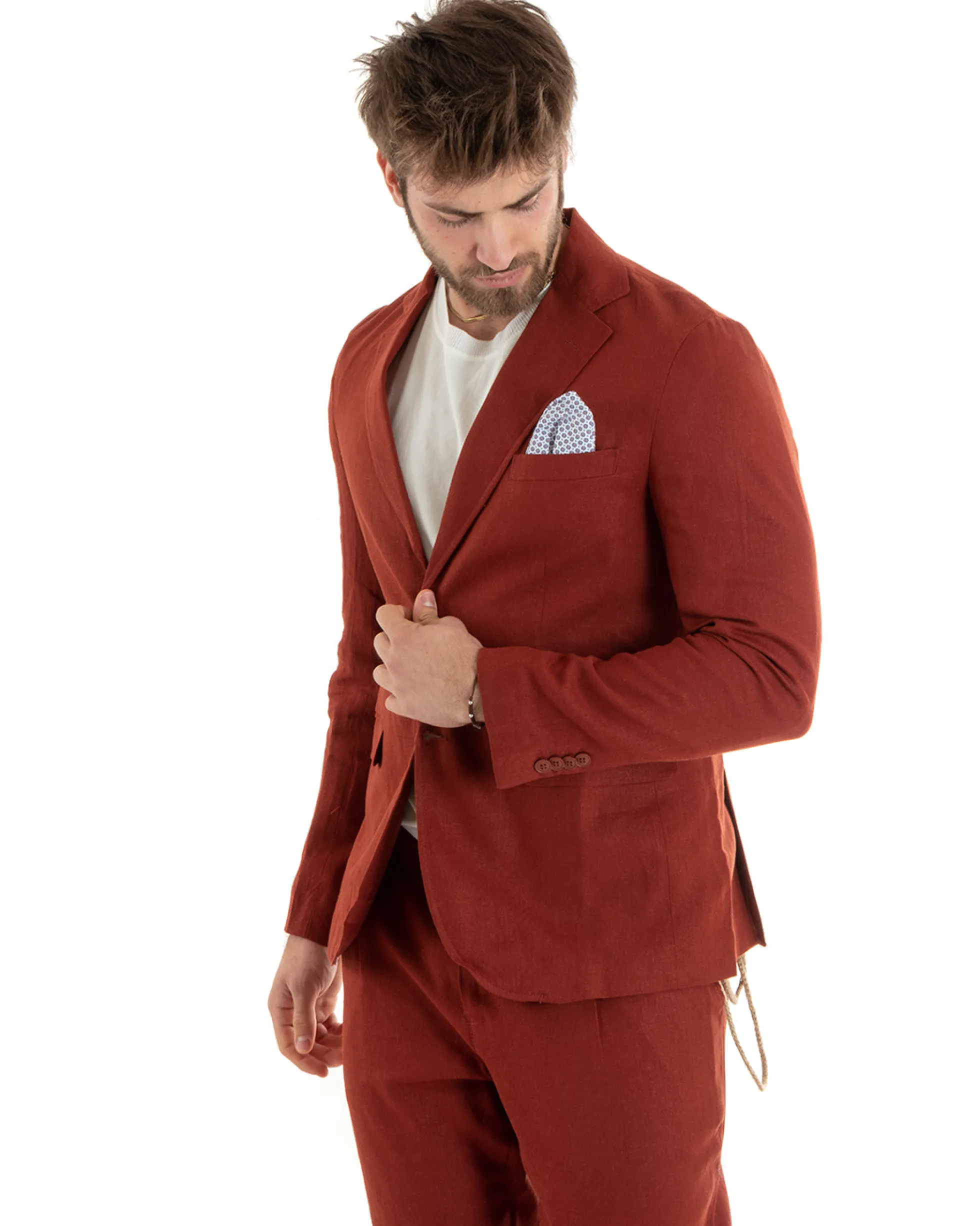 Abito Uomo Monopetto Completo Lino Sartoriale Giacca Pantaloni Mattone GIOSAL-OU2328A
