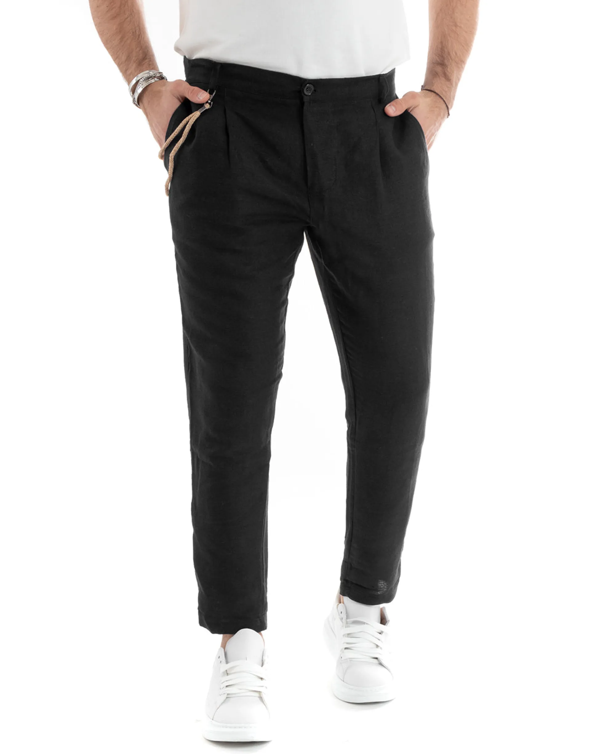 Abito Uomo Monopetto Completo Lino Sartoriale Giacca Pantaloni Nero GIOSAL-OU2325A