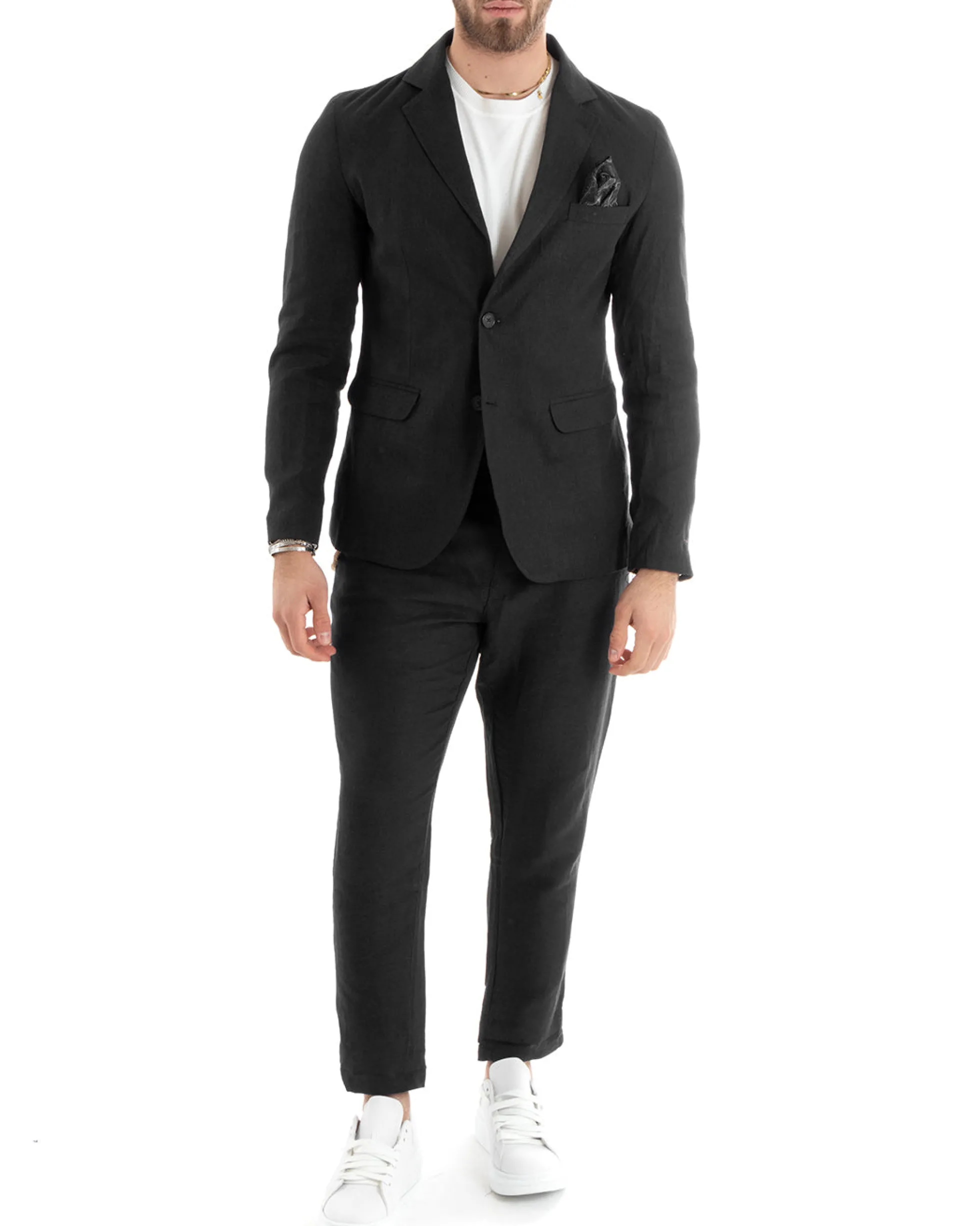 Abito Uomo Monopetto Completo Lino Sartoriale Giacca Pantaloni Nero GIOSAL-OU2325A
