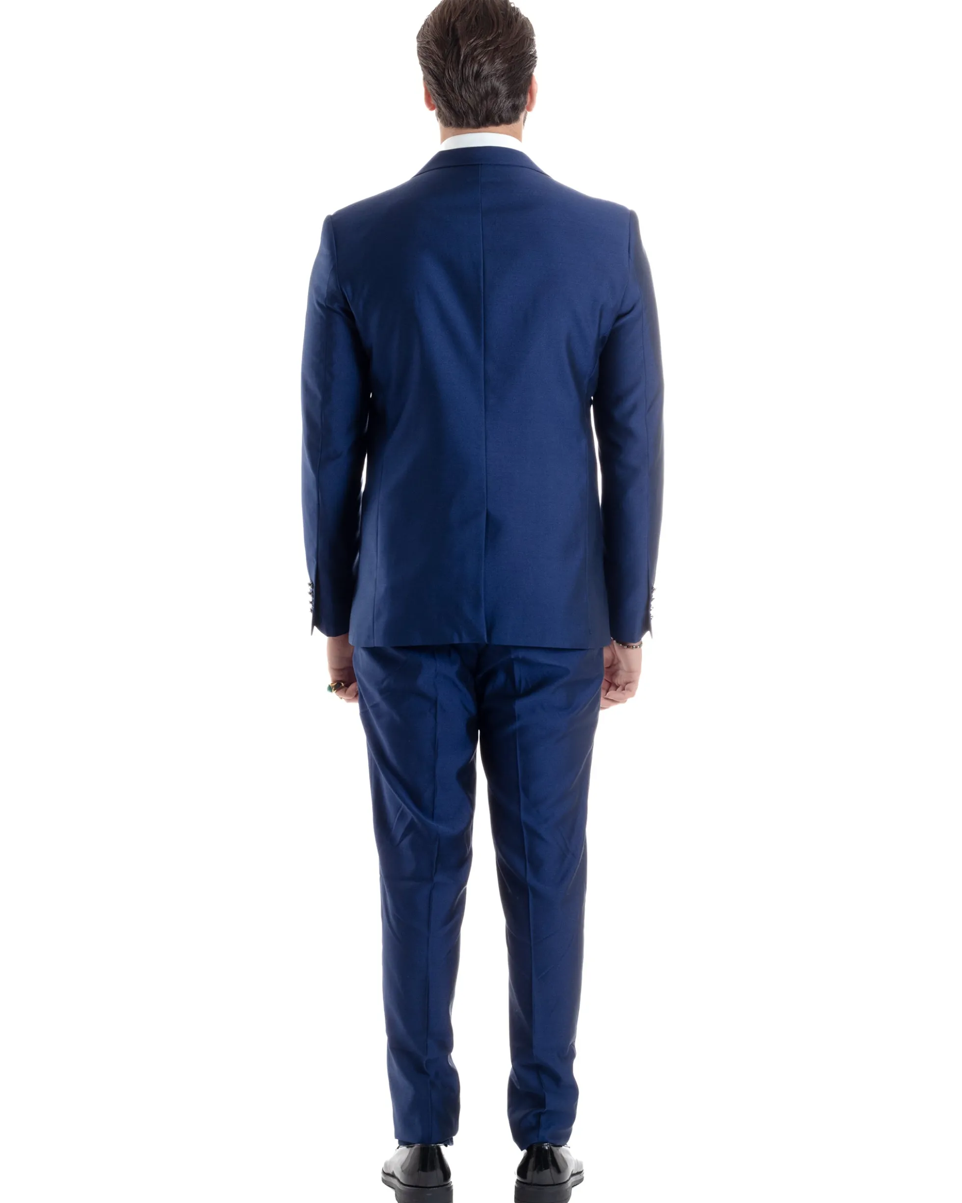 Abito Uomo Monopetto Damascato Vestito 3 Pezzi Completo Panciotto Sposo Plastron Blu AE1131A