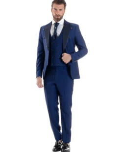 Abito Uomo Monopetto Damascato Vestito 3 Pezzi Completo Panciotto Sposo Plastron Blu AE1131A