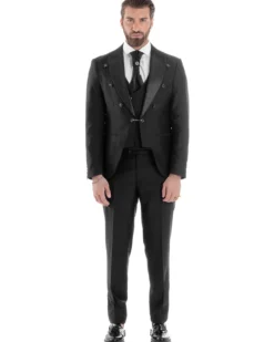 Abito Uomo Monopetto Damascato Vestito 3 Pezzi Completo Panciotto Sposo Plastron Nero AE1130A