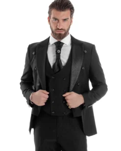Abito Uomo Monopetto Damascato Vestito 3 Pezzi Completo Panciotto Sposo Plastron Nero AE1130A