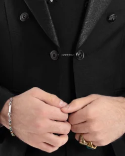 Abito Uomo Monopetto Damascato Vestito 3 Pezzi Completo Panciotto Sposo Plastron Nero AE1130A