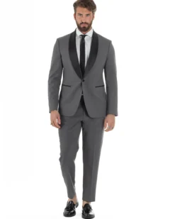Abito uomo monopetto vestito completo smoking rever sciallato raso grigio scuro GIOSAL-AE1212A