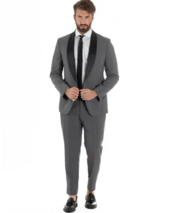 Abito uomo monopetto vestito completo smoking rever sciallato raso grigio scuro GIOSAL-AE1212A