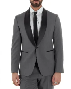 Abito uomo monopetto vestito completo smoking rever sciallato raso grigio scuro GIOSAL-AE1212A