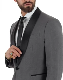 Abito uomo monopetto vestito completo smoking rever sciallato raso grigio scuro GIOSAL-AE1212A