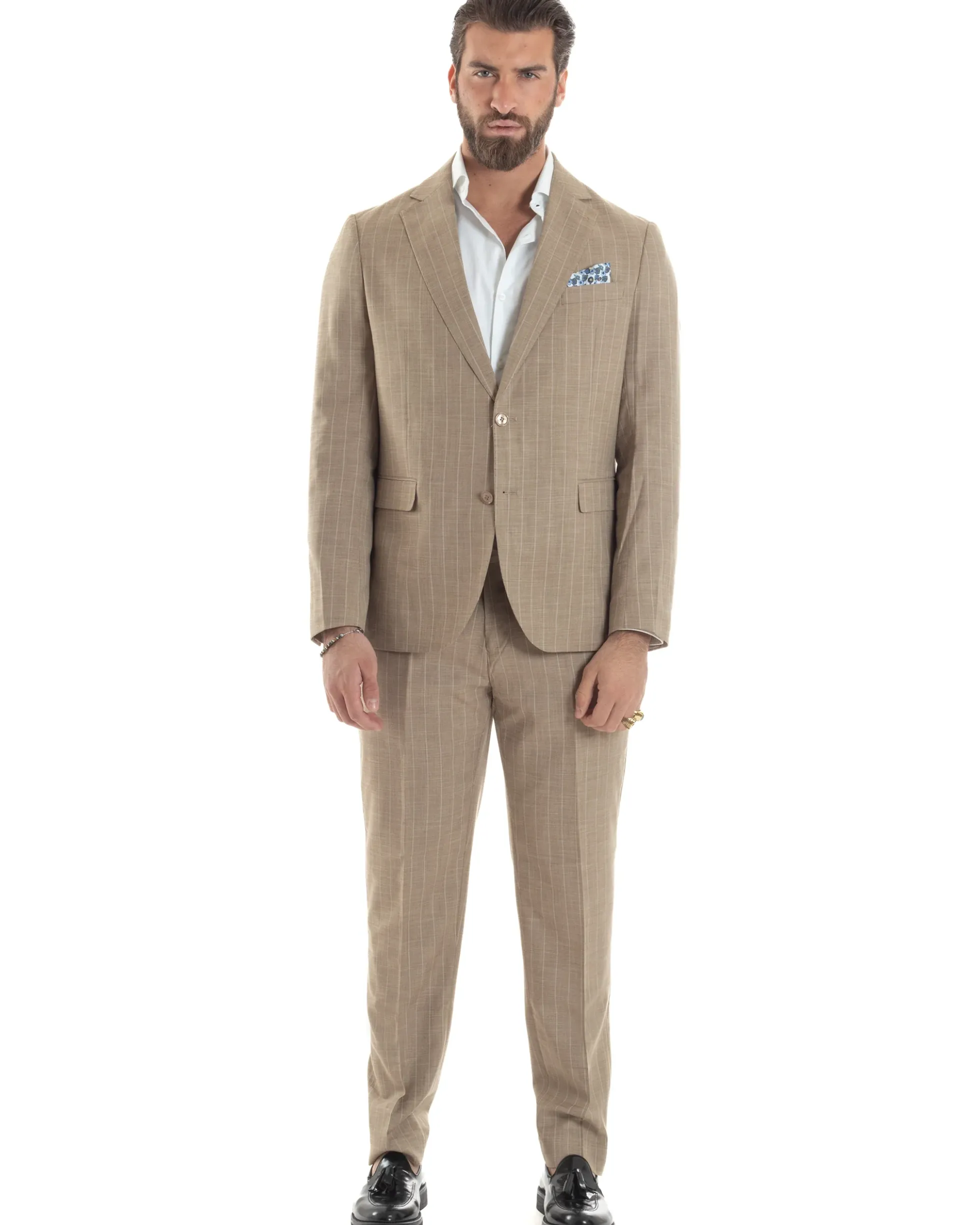 Abito Uomo Monopetto Vestito Gessato Giacca Con Pochette Pantaloni Completo Elegante Beige GIOSAL-AE1109A