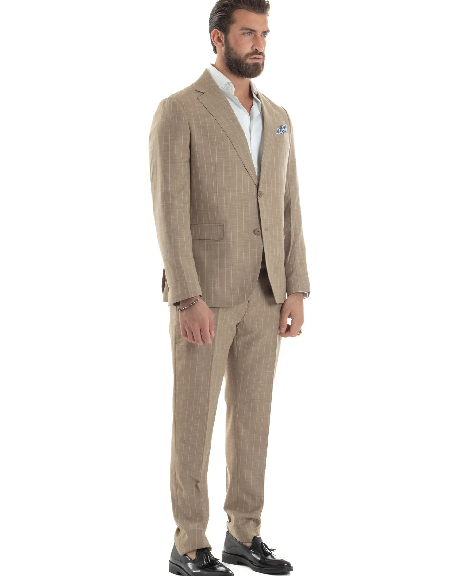 Abito Uomo Monopetto Vestito Gessato Giacca Con Pochette Pantaloni Completo Elegante Beige GIOSAL-AE1109A