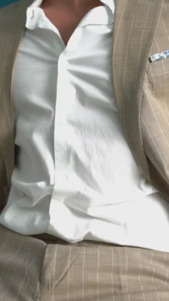Abito Uomo Monopetto Vestito Gessato Giacca Con Pochette Pantaloni Completo Elegante Beige GIOSAL-AE1109A
