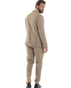 Abito Uomo Monopetto Vestito Gessato Giacca Con Pochette Pantaloni Completo Elegante Beige GIOSAL-AE1109A
